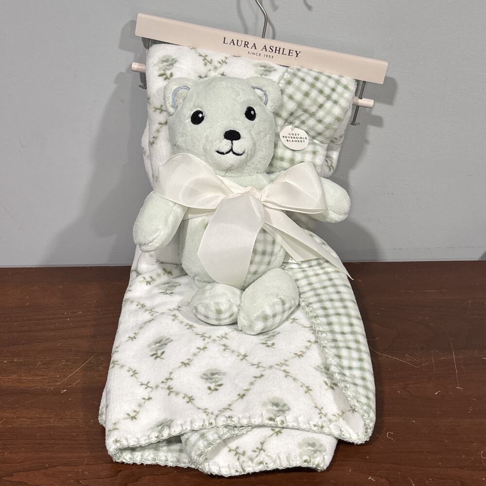 Laura Ashley Cozy Reversible Blanket Bear Lovey Set White Green Floral Gingham